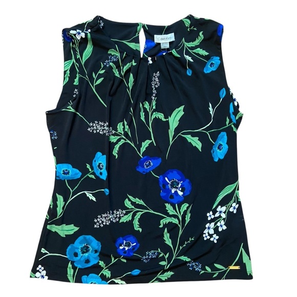 Calvin Klein Janice Pleated Neck Knit Top Size L Sleeveless Black Floral Career - Picture 8 of 13
